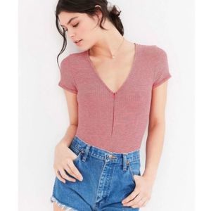 Urban Outfitters red short sleeve stripe zipper bodysuit